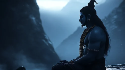 Midnight-blue ascetic meditates amid mist-veiled mountains.