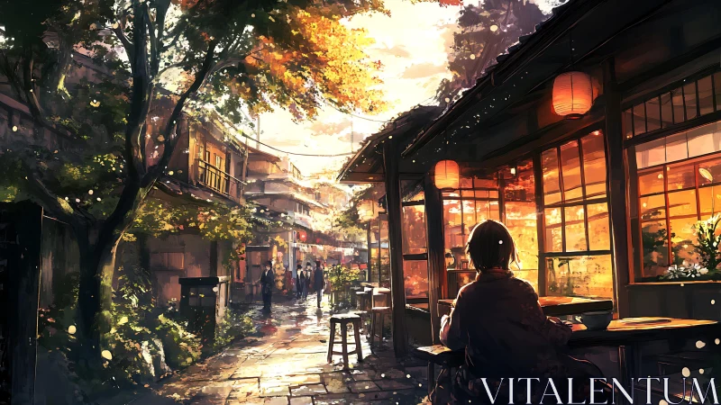 Autumn-lit Japanese alleyway cafe with seated kimono figure
