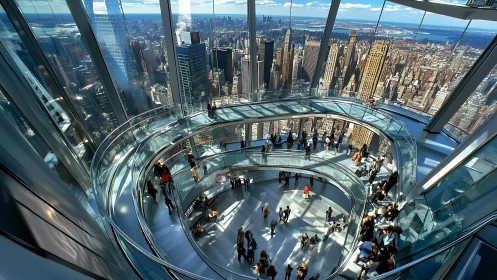 High-altitude observation deck with concentric circular platforms and Manhattan skyline view.