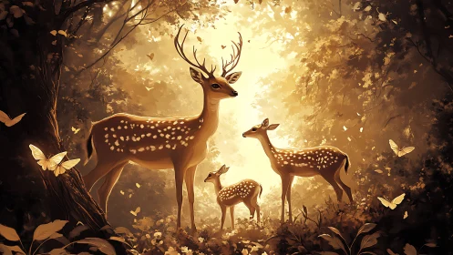 Deer family stands in warm golden forest light with butterflies