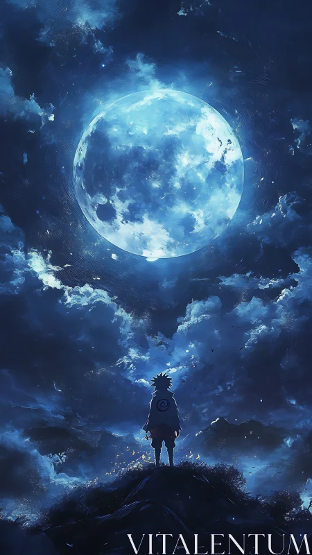 Silhouetted figure under an enormous blue moon sky.