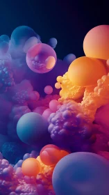 Iridescent neon spheres in swirling abstract cloudscape.