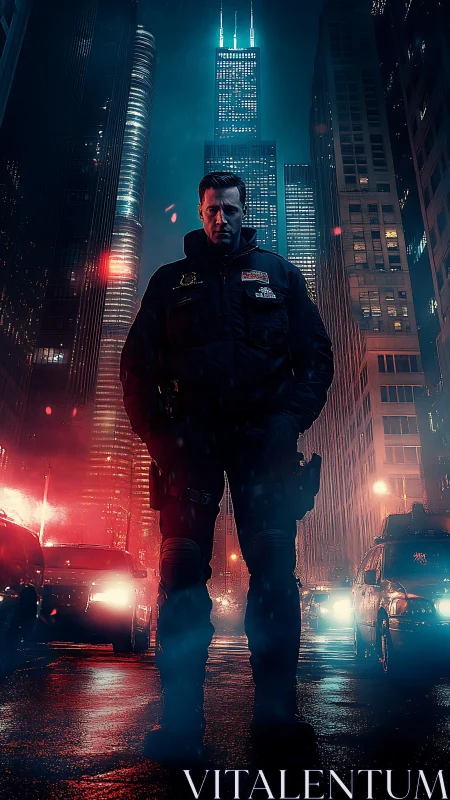 Police officer standing in neon city street at night.