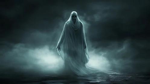Shrouded spectral figure emerging through dense ghostly fog.