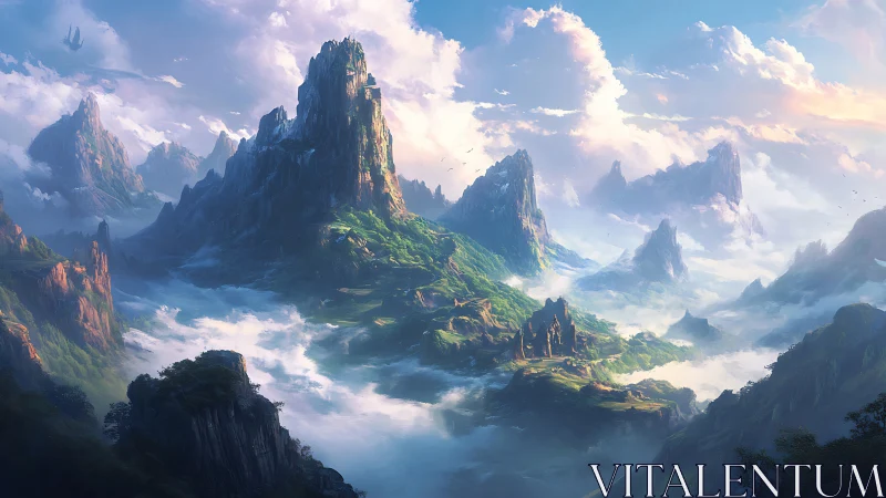 Vast fantasy mountain range rising above cloud seas.