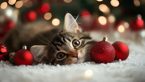 Kitten's Wonder Among Crimson Ornaments and Glowing Snow.
