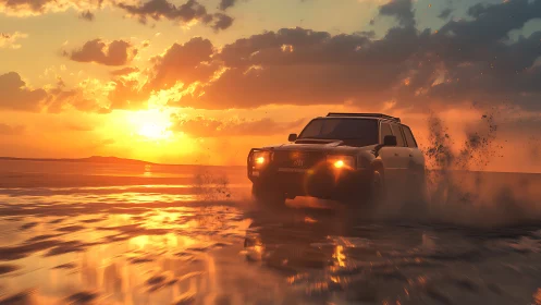 SUV drives through shallow water in front of vivid sunset