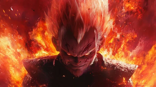 Fiery anime warrior emerges from blazing inferno with rage