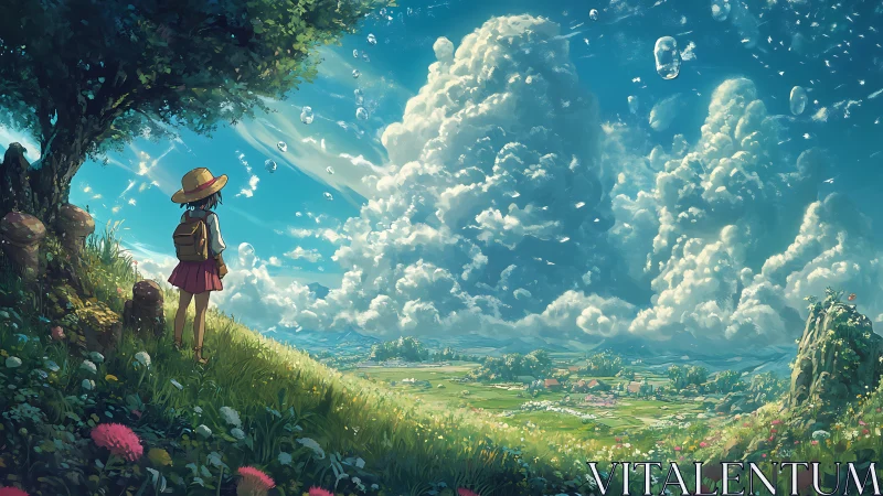 Girl observing vast cloudy sky above rural valley.