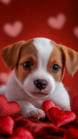 Adorable Puppy with Red Hearts. Valentine's Dog Portrait.