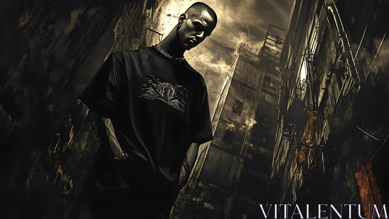 Digital noir portrait in decayed urban alley perspective.