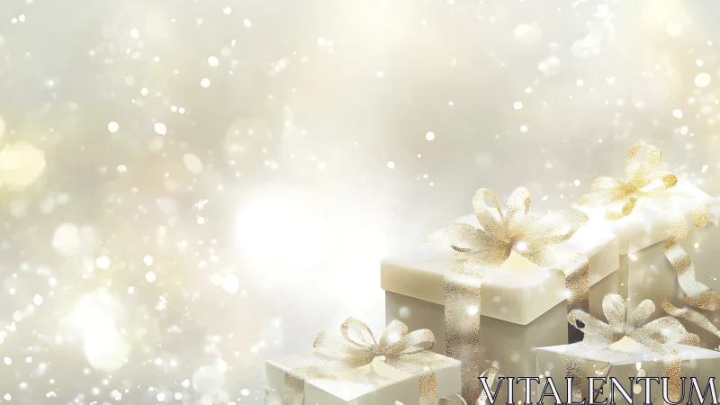 Golden gift boxes under dreamy festive bokeh glow.