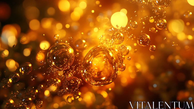 Luminous amber liquid bubbles suspended in golden bokeh field