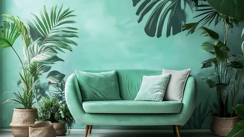 Mint green sofa in tropical leaf themed living room.