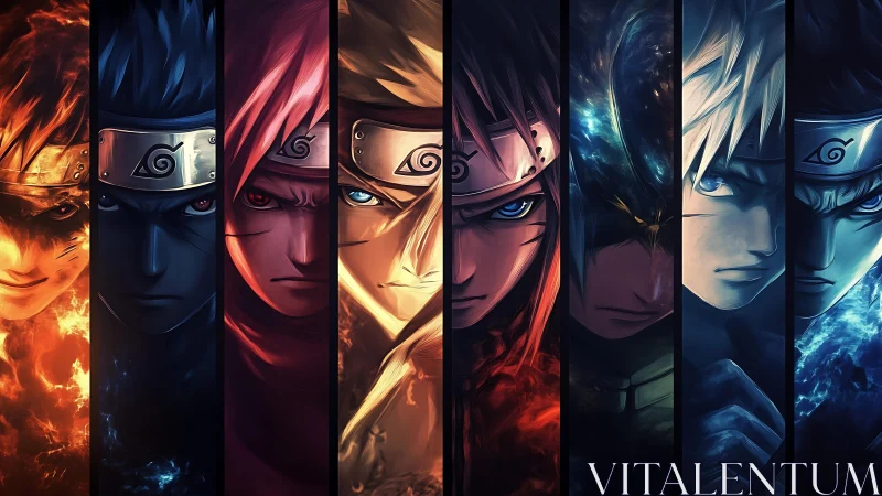 Segmented anime characters with elemental color contrasts.