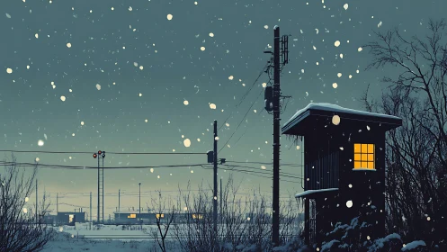 Snowfall over illuminated railway signal cabin at twilight.
