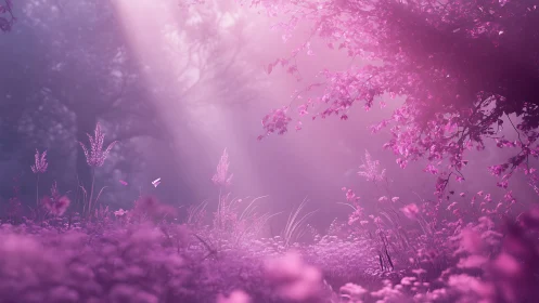 Dreamy pink forest glows softly under gentle morning light