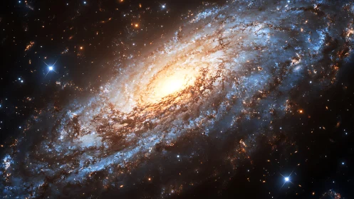 Spiral galaxy core shows dense stellar bulge and blue star-forming arms