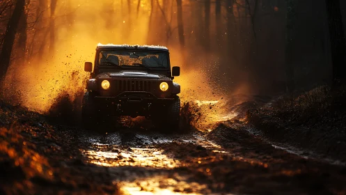 Mud-slinging sunset rover charging through the forest blaze.