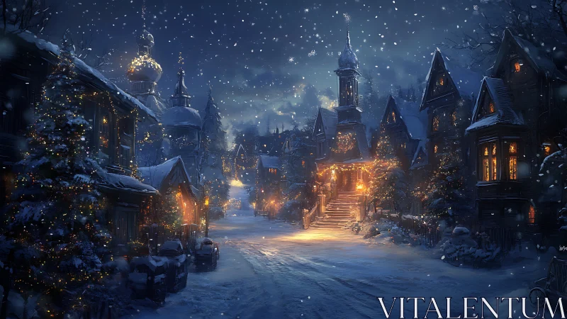 Snowy village street glows with warm festive winter lights