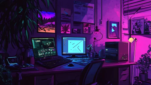 Cozy neon-lit workspace glowing with creative late-night energy.