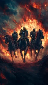 Armored horsemen charge through fire and stormy sky.