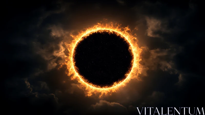 Fiery solar eclipse corona encircling dark celestial disc.