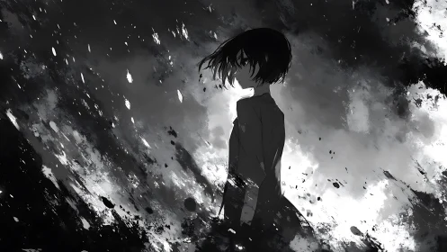 Monochrome anime silhouette intersects chaotic splattered brush field