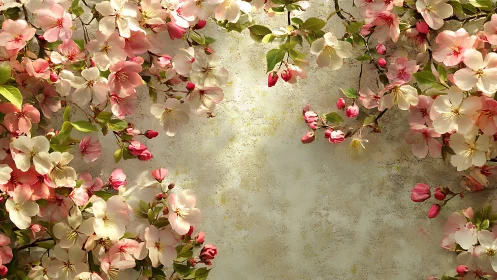 Luminous Floral Arrangement: Soft Pink Blossoms on Weathered Surface.