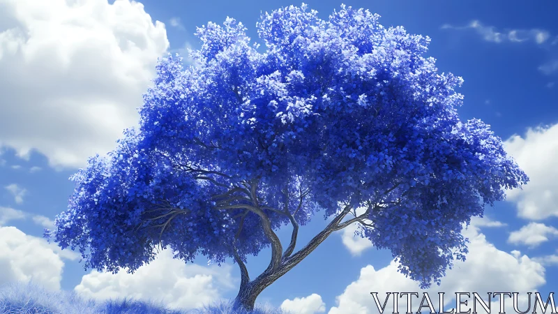Vivid blue tree under bright sky with white clouds.