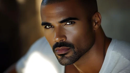 Intense male portrait under soft directional lighting.
