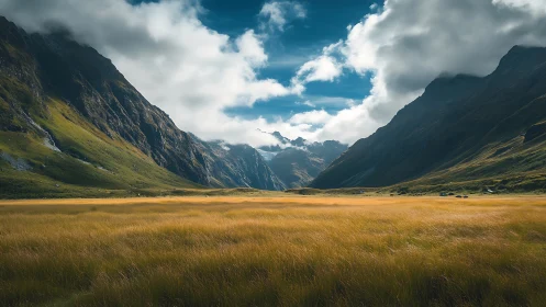 Wide valley with golden grass between steep dark mountains.