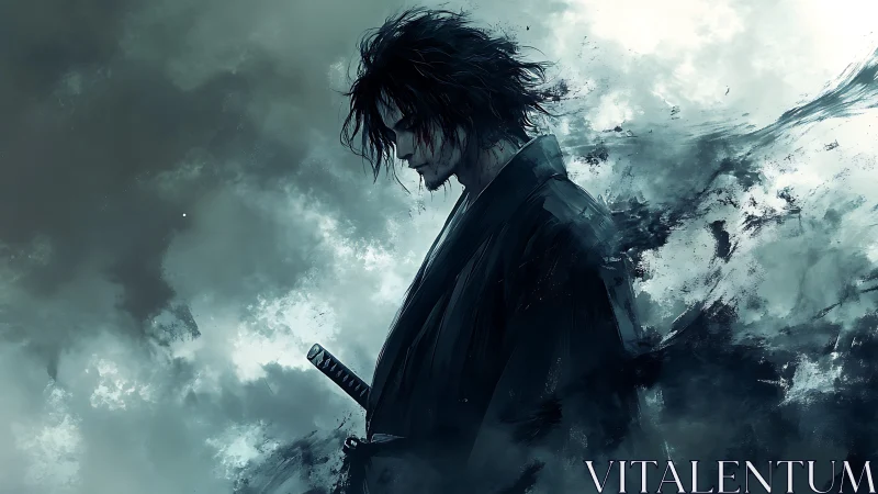 Solitary ronin in storm-swept monochrome mist, profile view