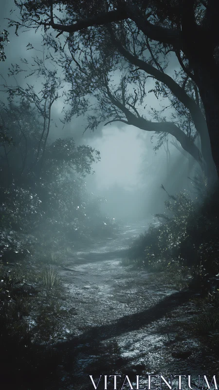 Atmospheric Forest Pathway Through Mist With Gnarled Tree Canopy Architecture