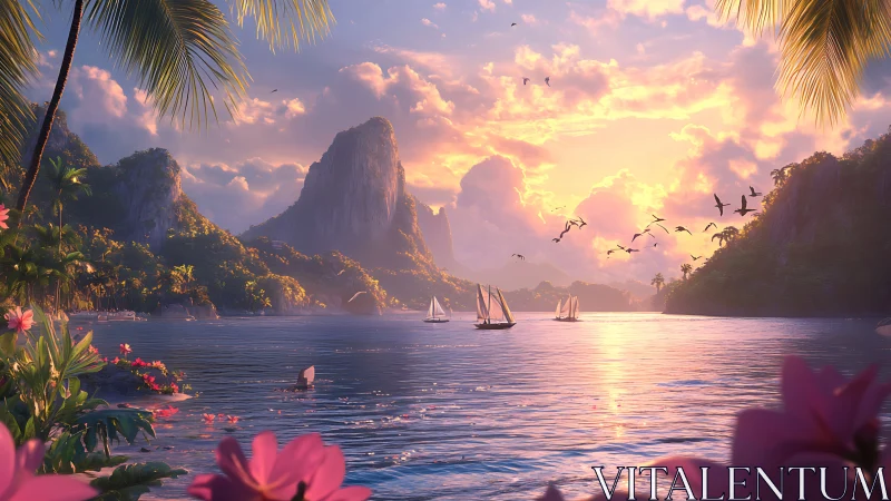 Tropical Lagoon with Sailboats under Golden Sky