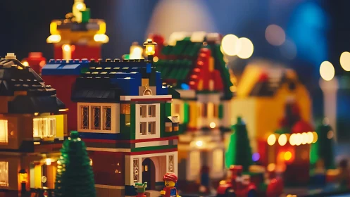 Colorful LEGO town glows under warm evening lights.