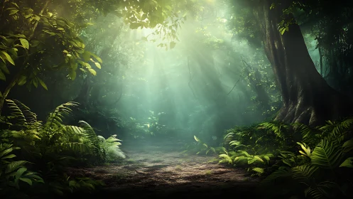 Volumetric light scattering through dense tropical canopy creates atmospheric depth perception