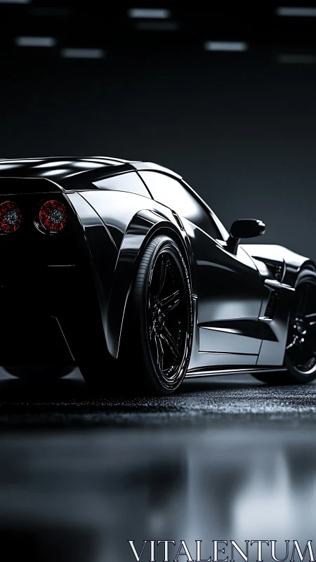 Black sports coupe rear profile in studio lighting.