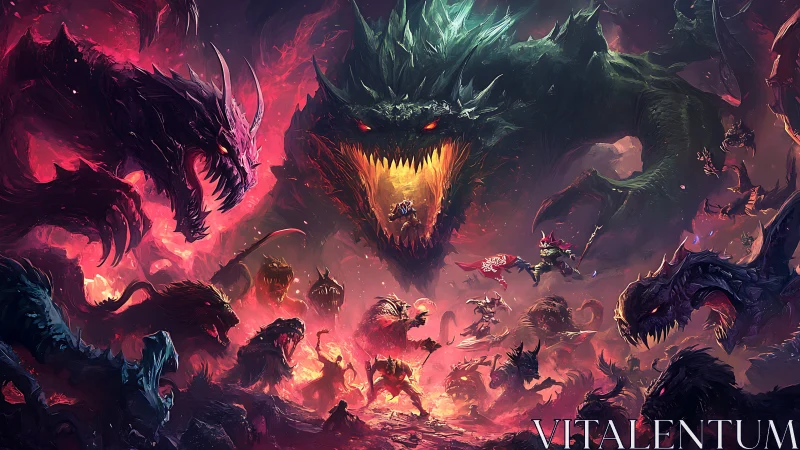 Epic fantasy battlefield with colossal multi-headed dragons.