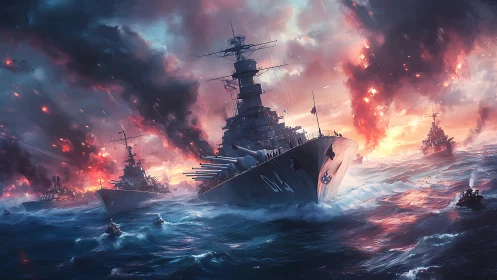 Storm-lit battleships carving through a blazing sea sky.