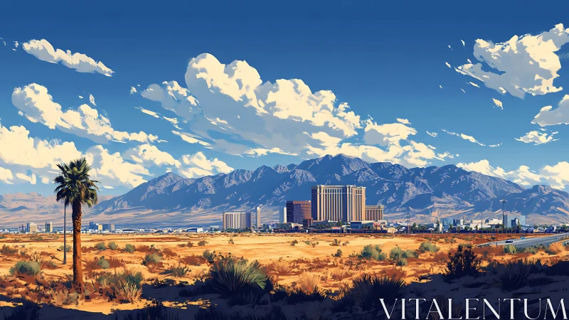 Desert city skyline under towering blue mountains panorama.