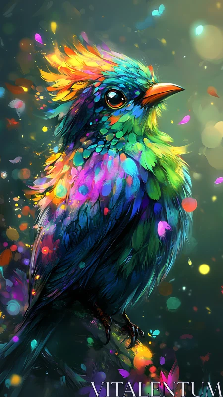Radiant multicolored songbird glows amid luminous bokeh haze.