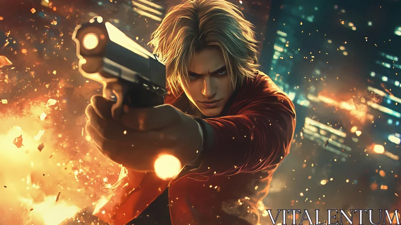 Male gunman in red jacket amid urban explosion at night.