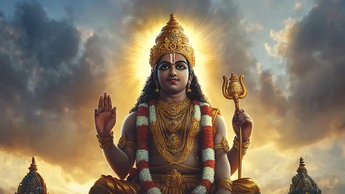 Radiant Hindu deity statue glows softly against golden sky