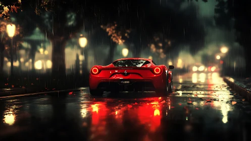 Rear-lit supercar in rain-soaked urban nocturne roadway scene.