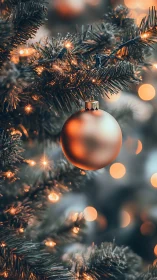 Golden bauble glows softly on warmly lit Christmas tree.