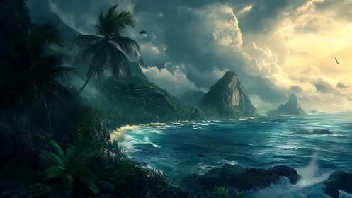 Tropical Coastal Landscape: Digital Rendering of Island Paradise.