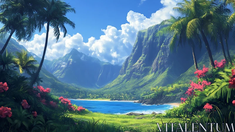 Tropical coastal inlet with steep green mountain walls.