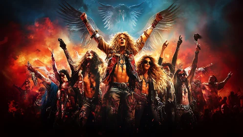 Rock performers in fiery stage setting with winged backdrop.