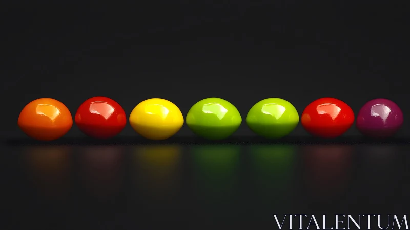 Row of glossy colorful candies on dark reflective surface.